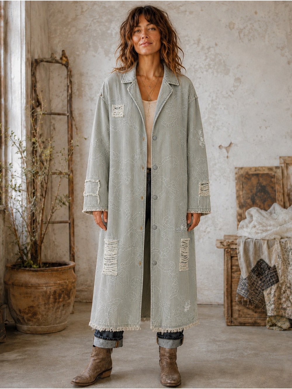 POL Clothing Distressed Pinstripe Duster Coat Boho Grunge Jacket M Art to wear